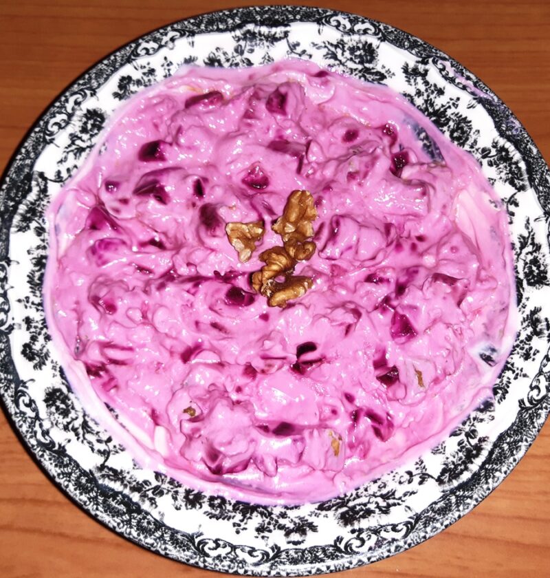 chopped beet salad with walnuts and yoghurt
