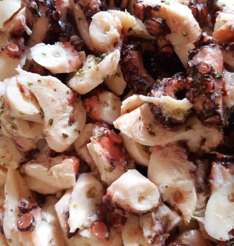 Dish with cooked octopus chunks